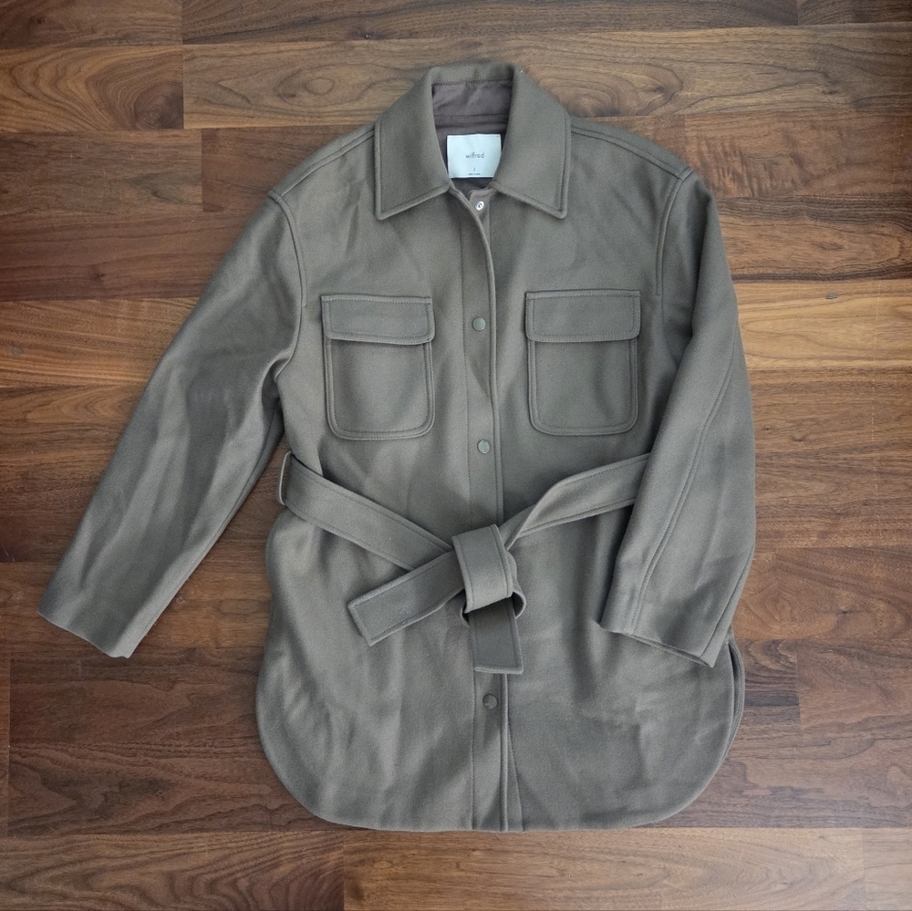 Aritzia Wilfred Rialto Shirt Jacket Heather Brown Belted Shacket Size Small